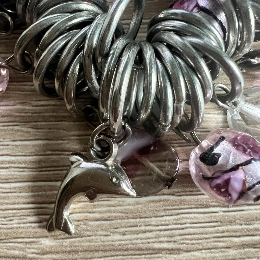 Boho Chunky Heavy Silver Murano Glass Charm Bracelet